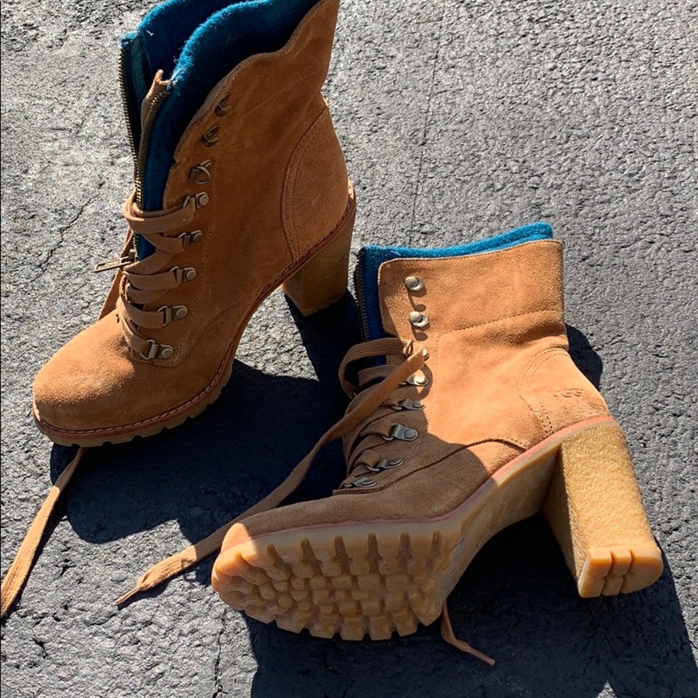 BRAND NEW 
UGG Tan and Blue Heeled Boots
